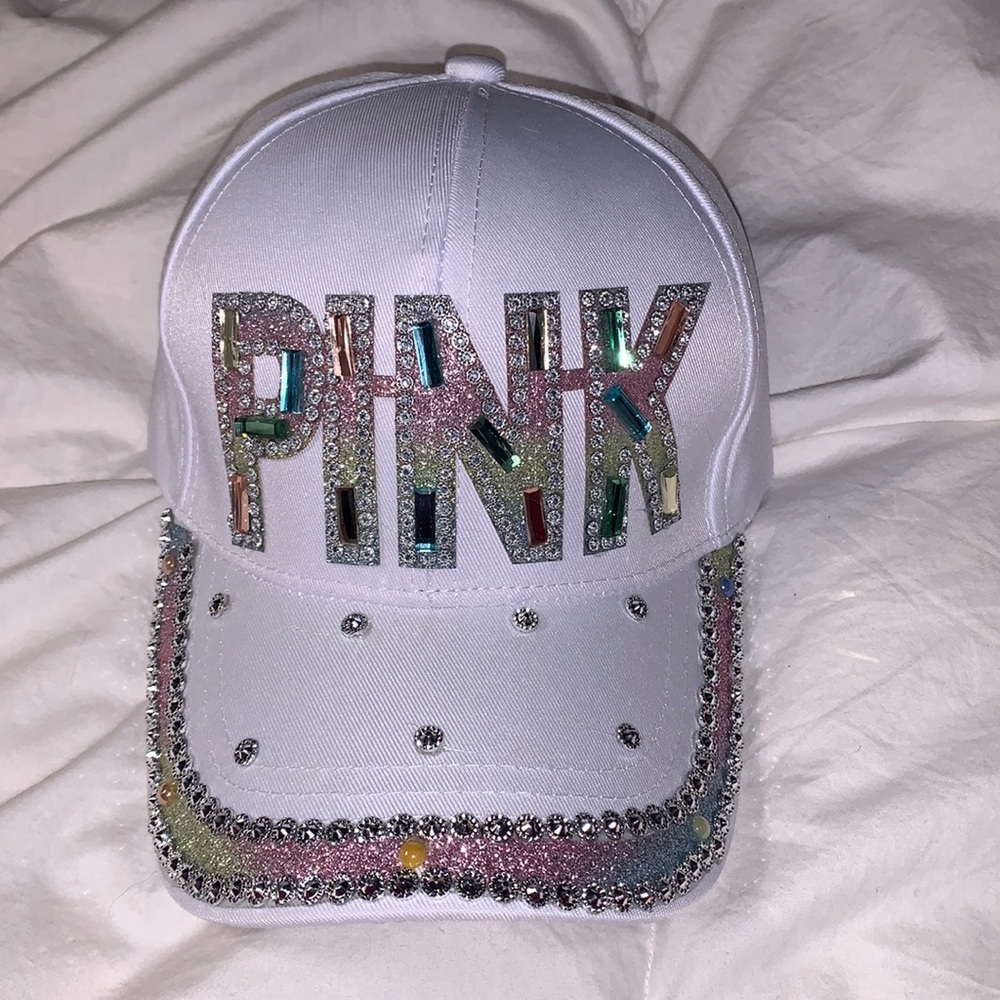 White Denim Baseball Hat with Rhinestone PINK
